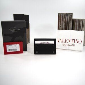 Valentino Rockstud Black Leather Logo Card Case Mini Wallet Camo Box NWT